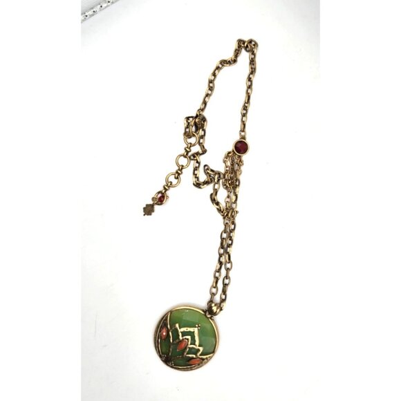 Lucky Brand Boho Pendant Necklace Enamel Art Deco Style Green Coral 19" Chain - Picture 2 of 6